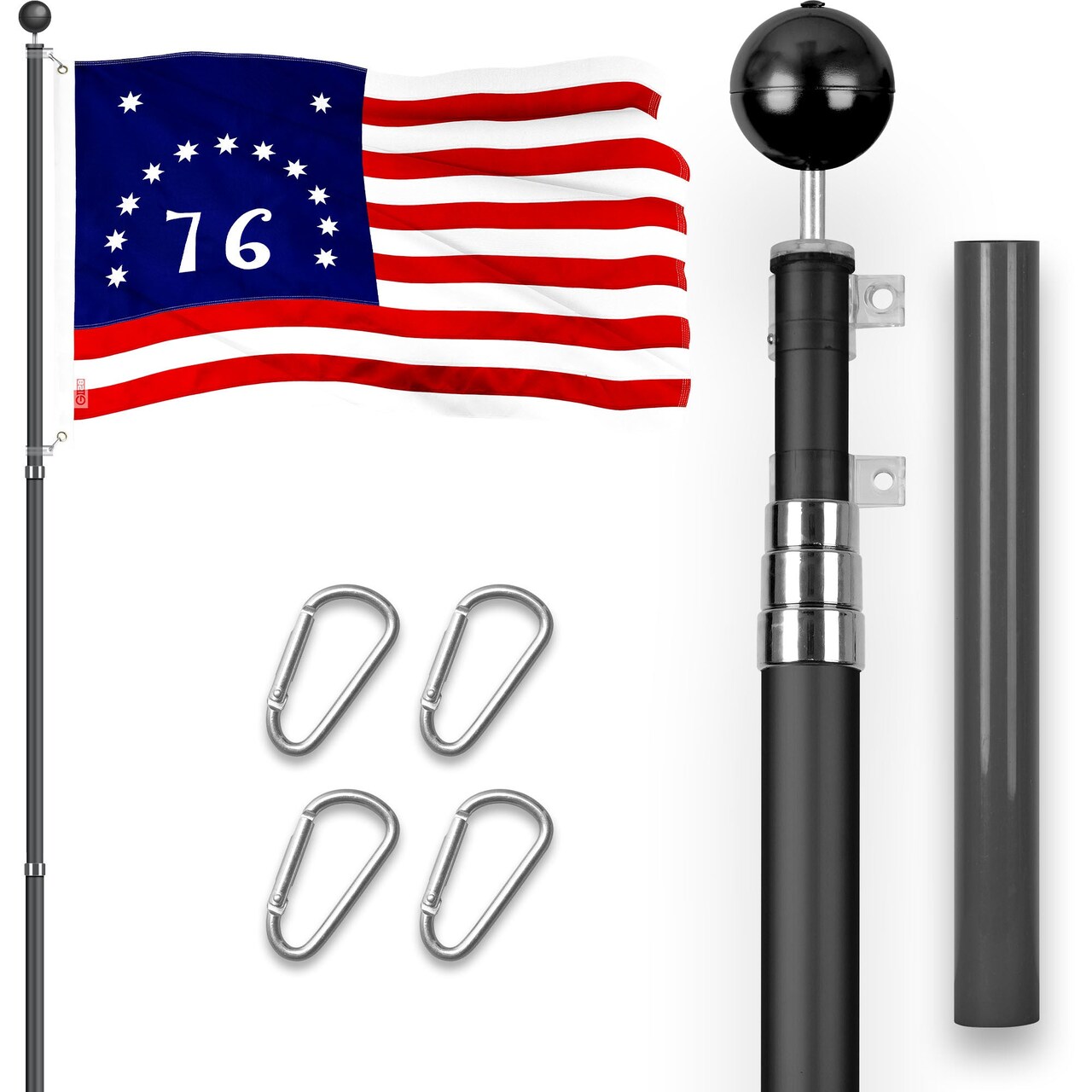 G128 Combo Pack: 16 Ft Telescoping Aluminum Flagpole (Black) & Bennington 76 Flag 3x5 Ft, ToughWeave Series Embroidered 300D Polyester | Pole with Flag Included